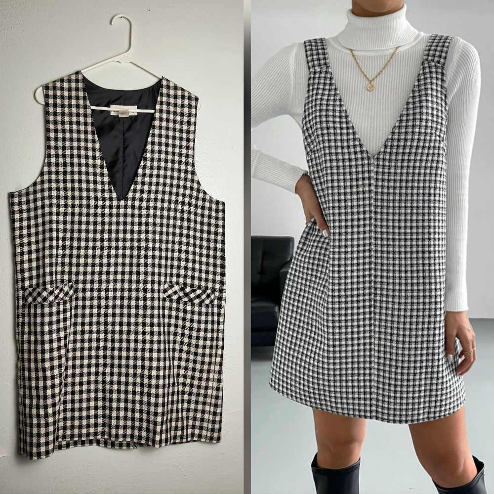 Y2K Black and White A-line Midi Dress with V-neck and Sleeveless Design